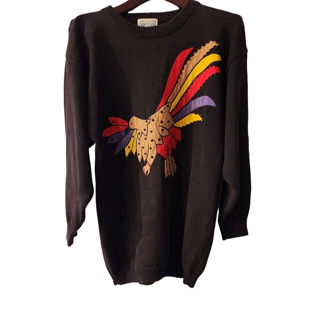 Vintage Janine Colorful Bird Sweater Women's Size Medium Black‎ Ramie Crew Neck